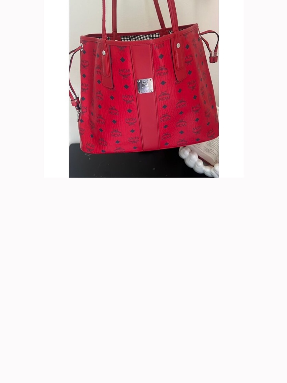 MCM Red Logo-Print Leather Tote with Silver Plaque